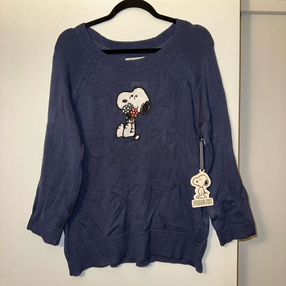 Peanuts Comics Large Navy Blue Crew Neck Snoopy Womens Long Sleeve Sweater NWT